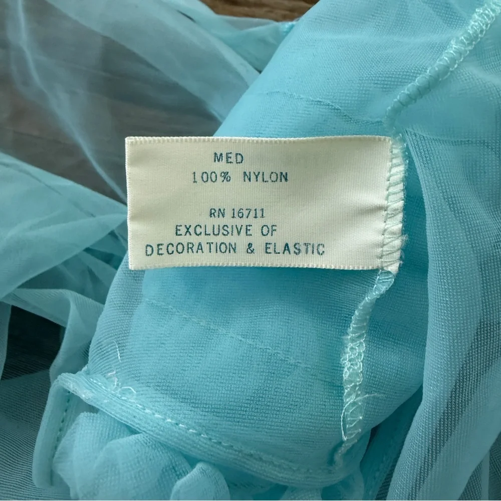 Vintage blue nylon sheer peignoir robe ruffled collar pinup lingerie - Picture 7 of 8